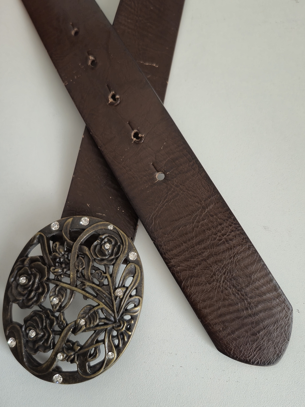 Y2K Western Fairycore Floral Rhinestone Brown Leather Belt